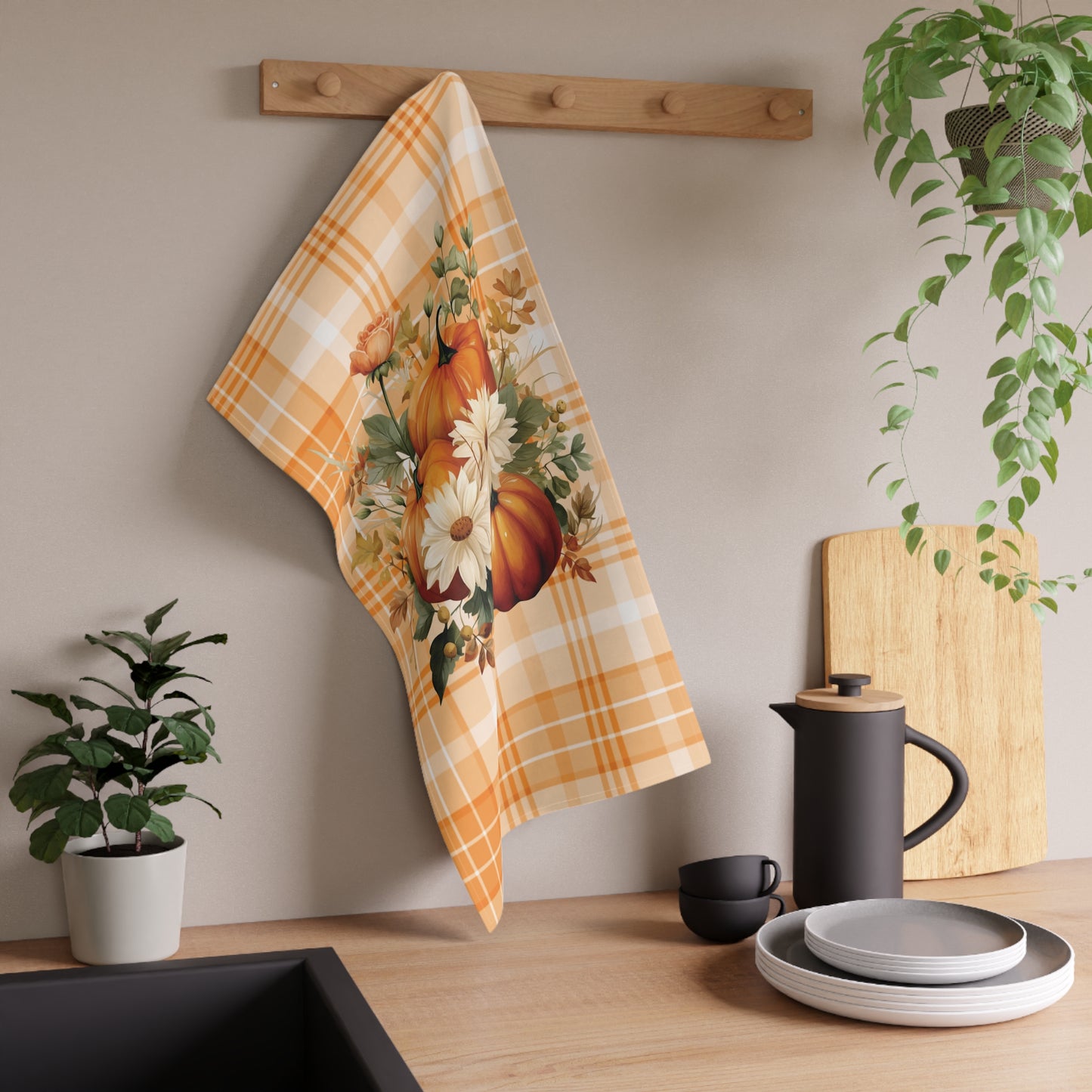 Autumn Time Orange Pumpkin and Floral Tea Towel