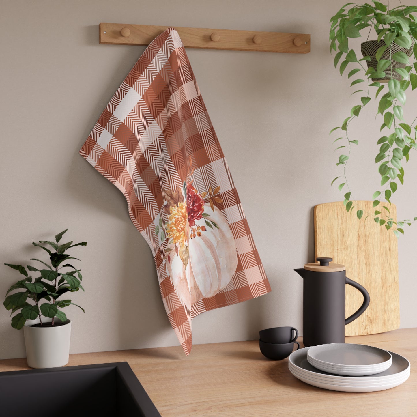 Cottage Fall Plaid Pumpkin Tea Towel