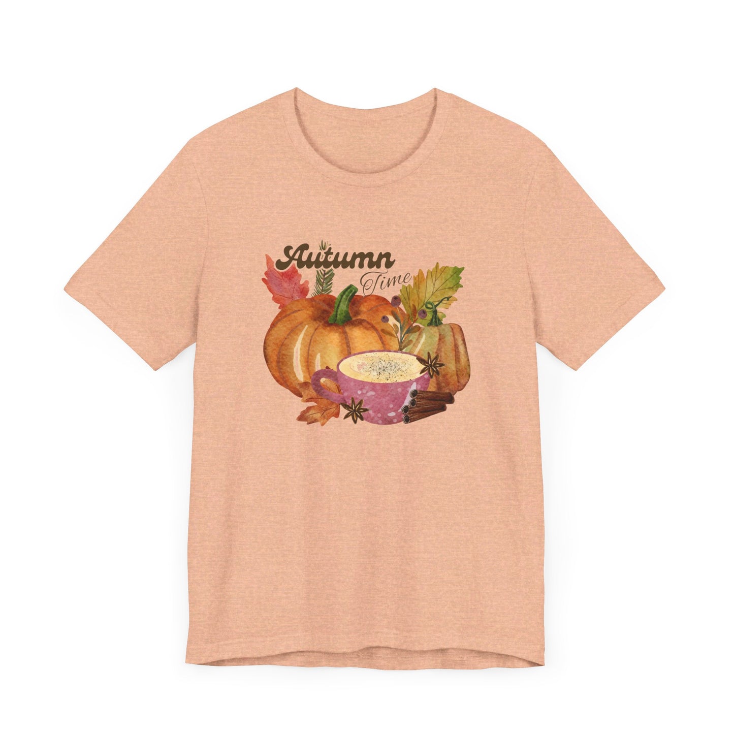 Heather Peach Autumn Time Fall T-Shirt, Pumpkins Leaves Shirt, Fall Coffee Shirt, Fall Lover Gift