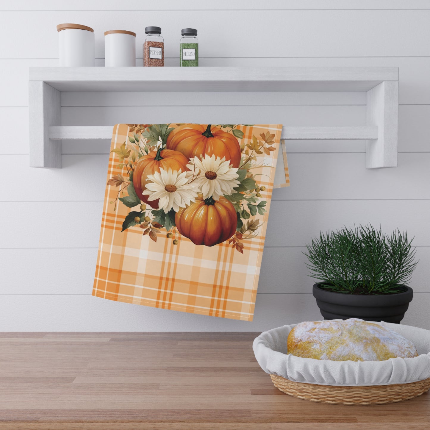 Autumn Time Orange Pumpkin and Floral Tea Towel