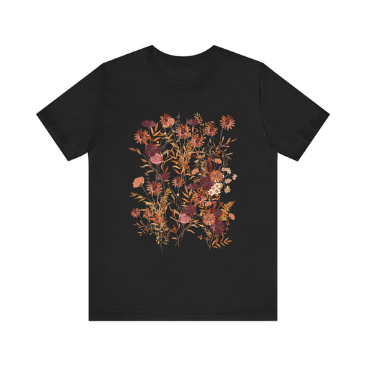 Black Cottagecore Red Mauve Pink Flowers T-Shirt, Cottage Core Shirt, Boho Wildflowers, Nature Botanical Tee