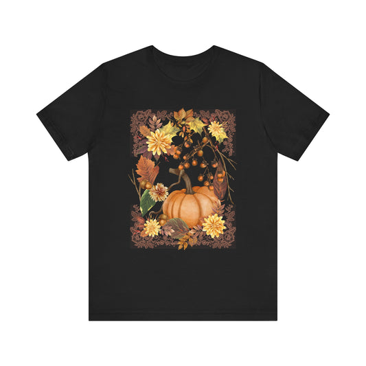 Black Cottagecore Fall Pumpkin T-Shirt, Cottage Core Vintage Flowers Acorn Shirt, Autumn Boho Wildflowers, Nature Botanical Tee