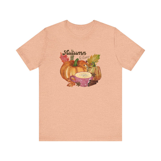 Heather Peach Autumn Time Fall T-Shirt, Pumpkins Leaves Shirt, Fall Coffee Shirt, Fall Lover Gift