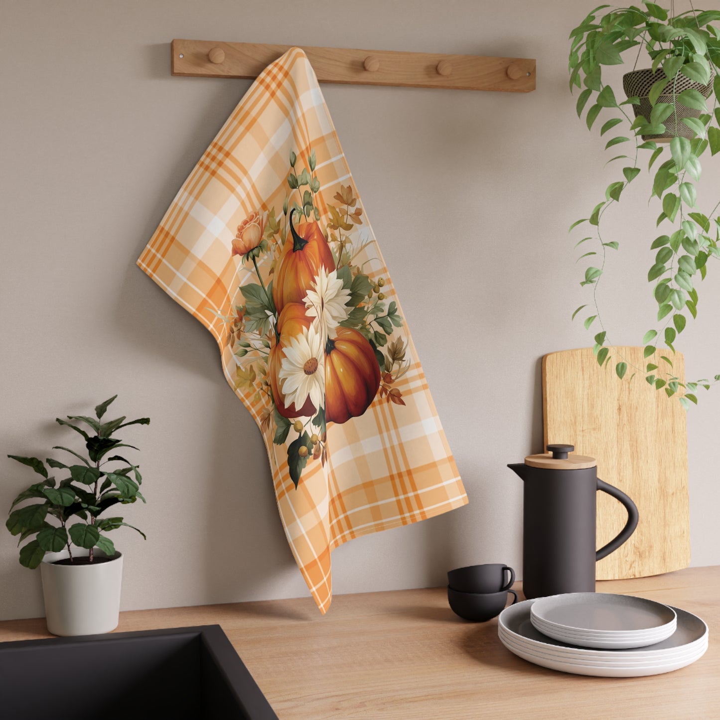 Autumn Time Orange Pumpkin and Floral Tea Towel