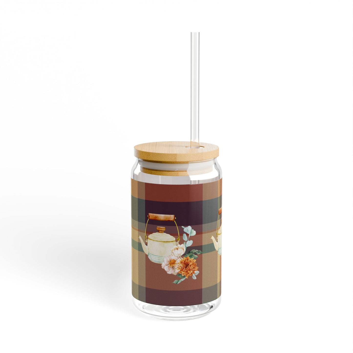Fall Plaid Tea Kettle Sipper Glass
