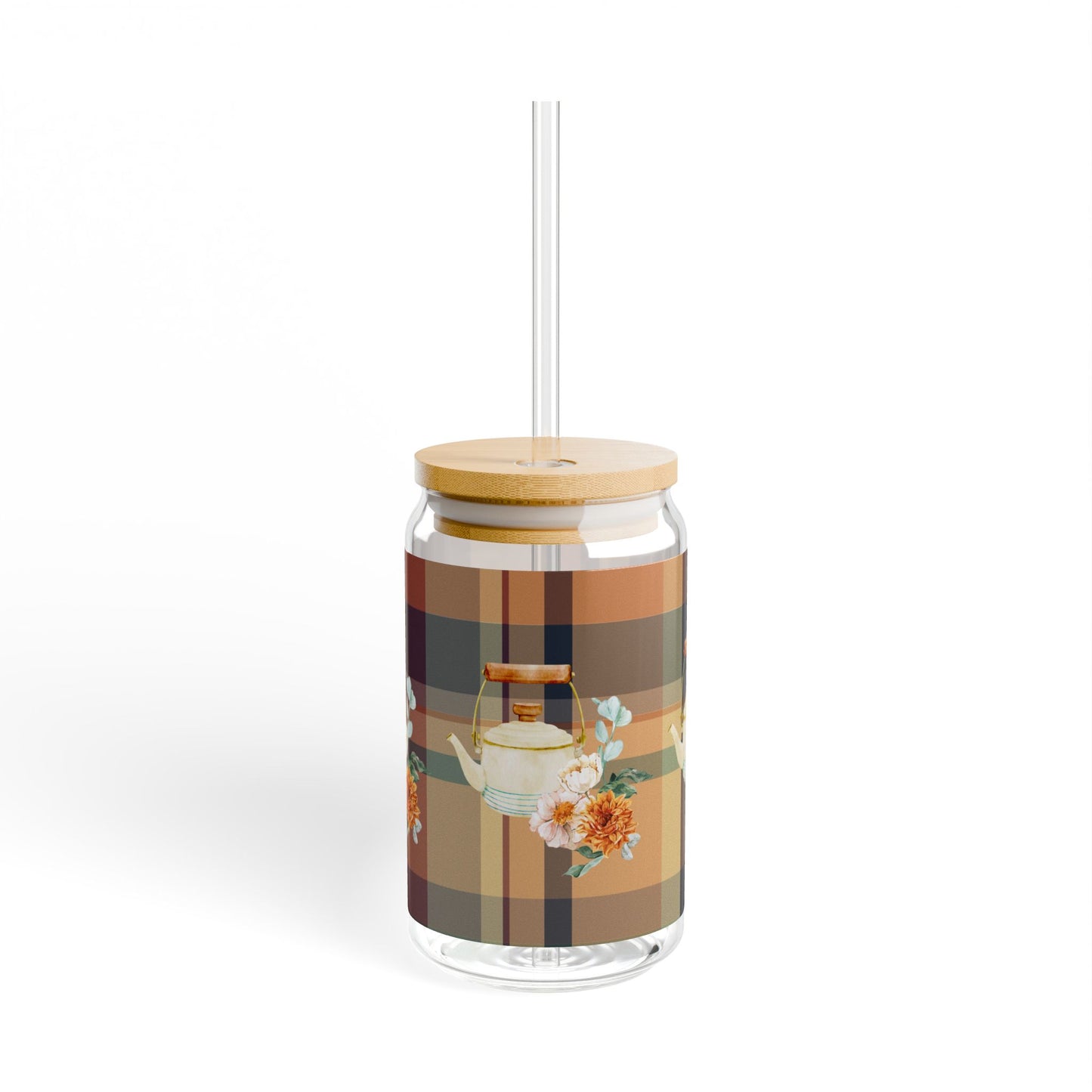 Fall Plaid Tea Kettle Sipper Glass