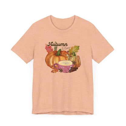 Heather Peach Autumn Time Fall T-Shirt, Pumpkins Leaves Shirt, Fall Coffee Shirt, Fall Lover Gift